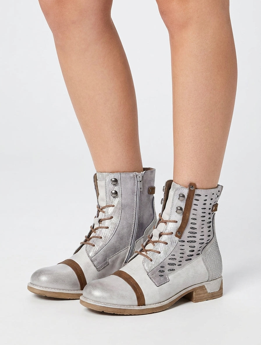 Bottines lacées effet python et suédine - Gris