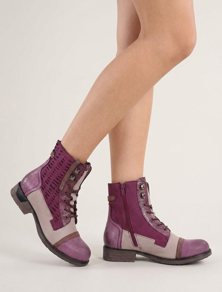 Bottines à empiècements python irisés - Lie de vin