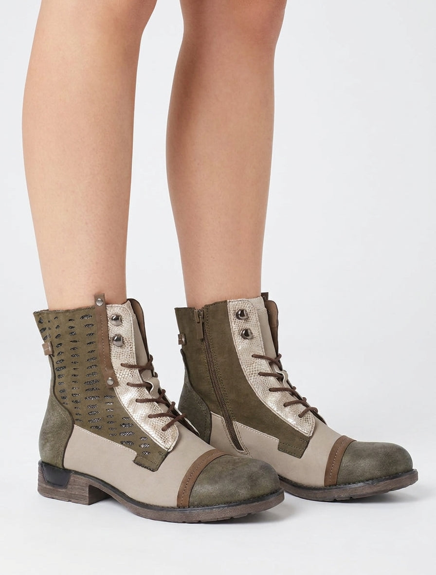 Bottines perforées à zip et lacets - Kaki