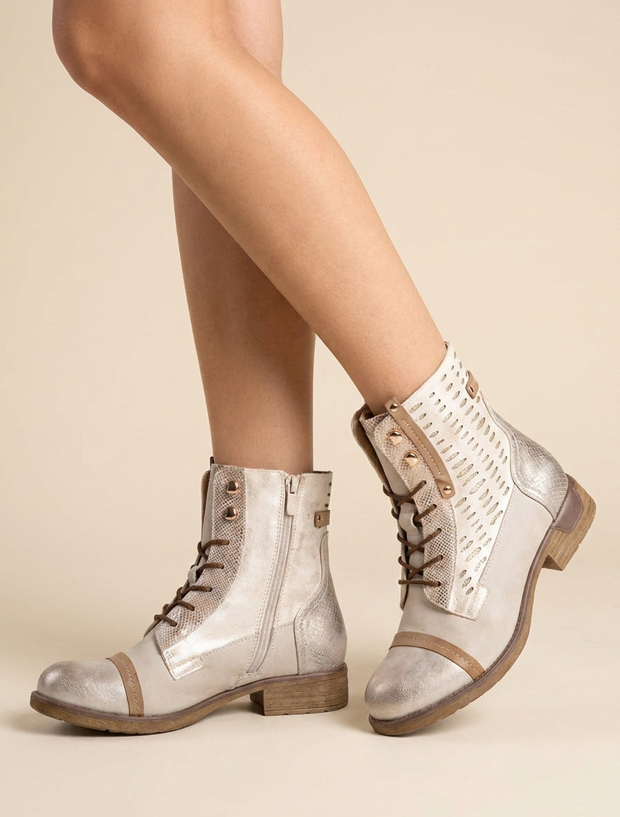 Bottines lacées effet python et suédine - Or