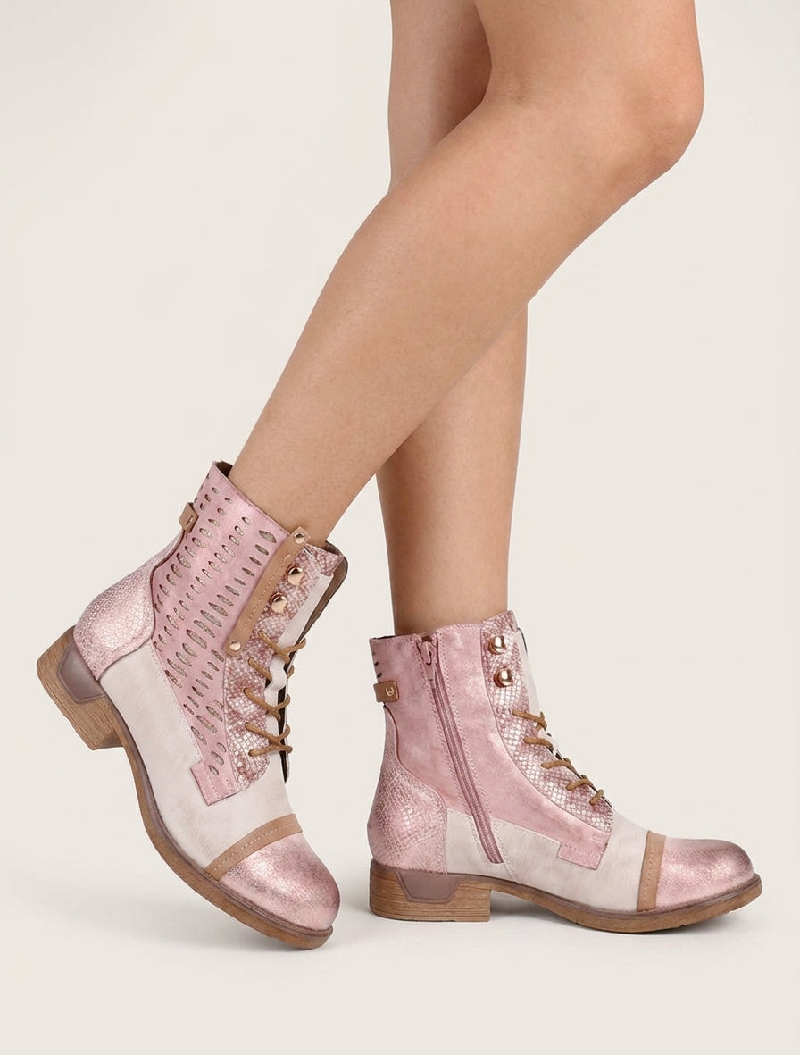 Bottines à empiècements python irisé - Rose