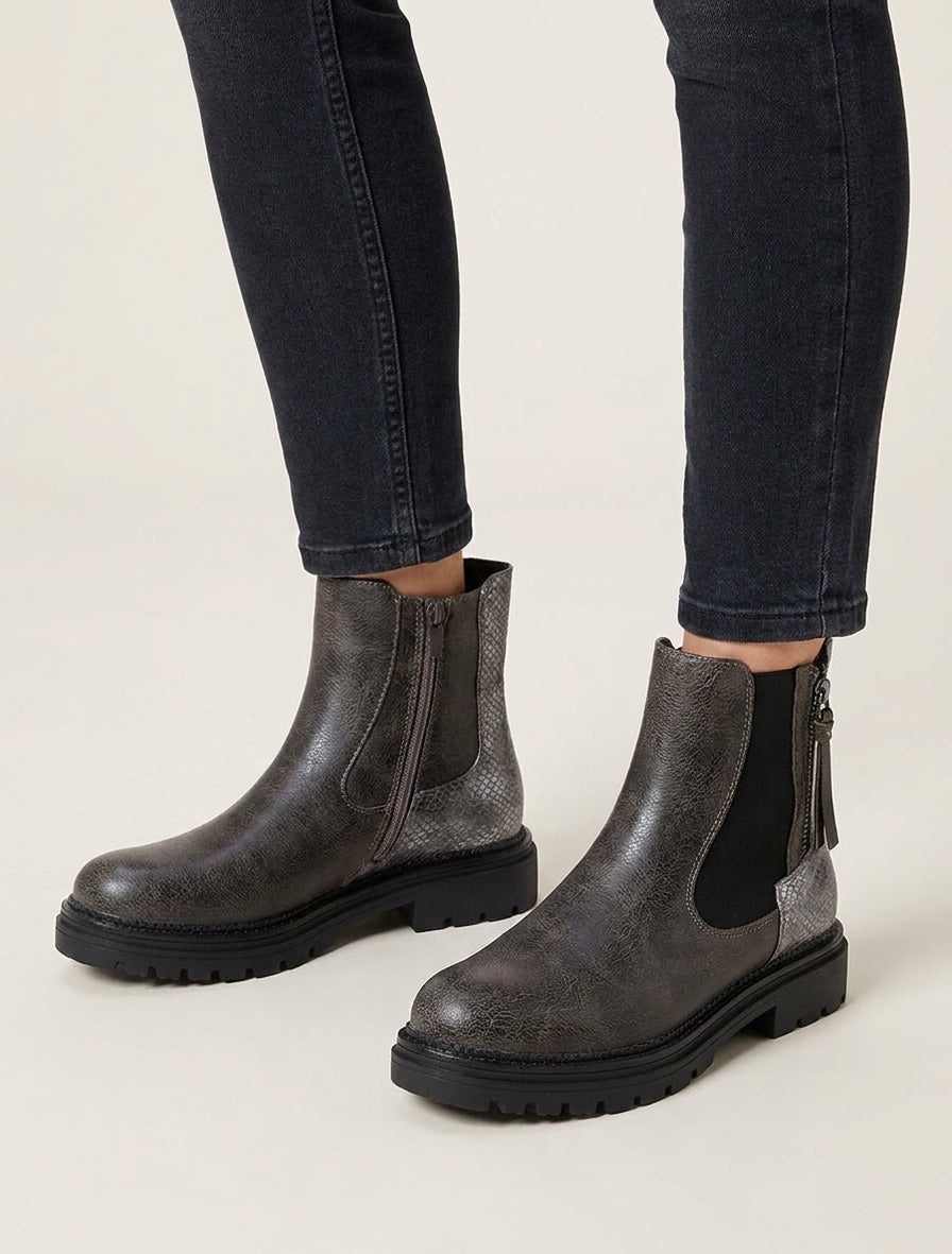 Bottines à talon bloc et zip - Gris foncé