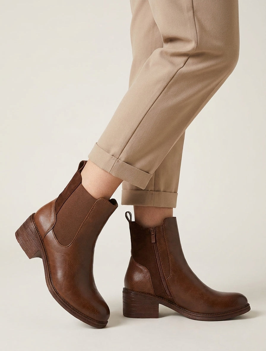 Bottines bimatière zip et talon bloc - Marron