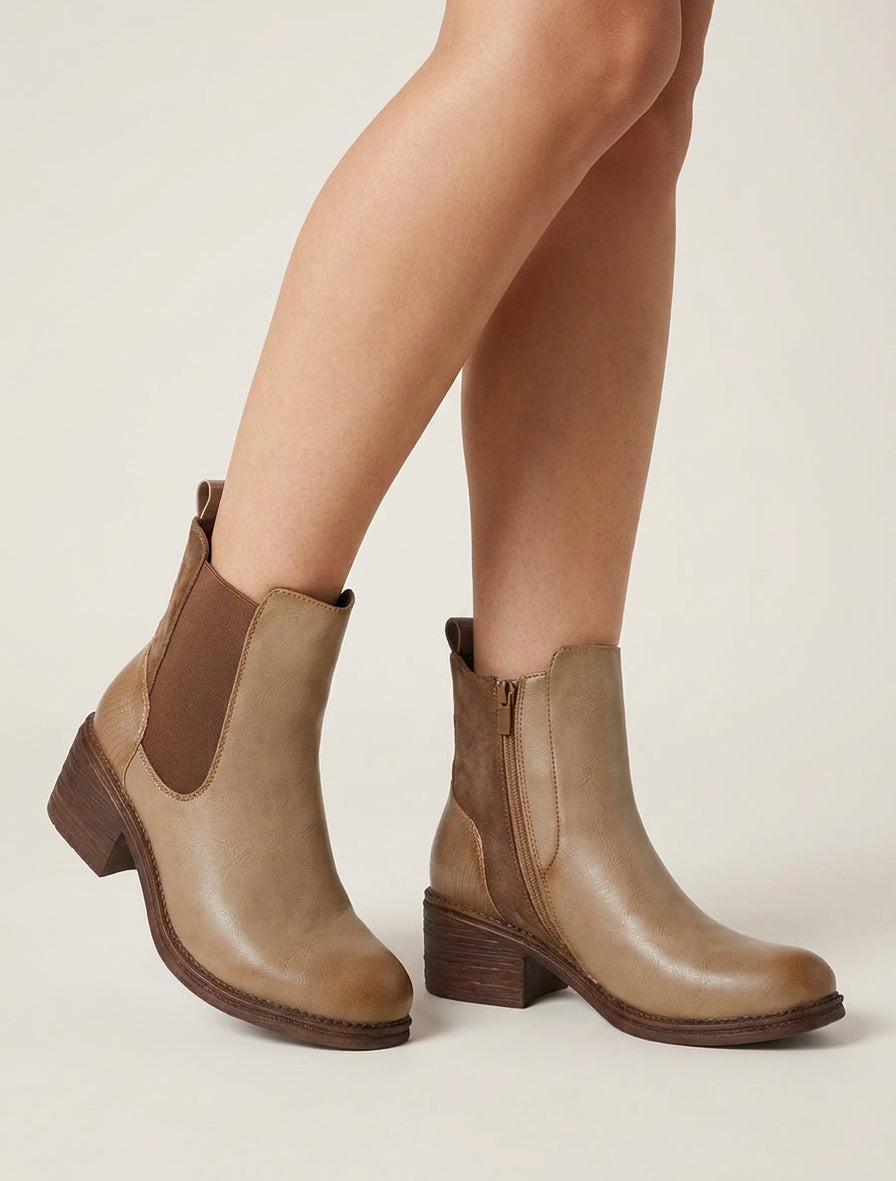 Bottines bimatière talon bloc - Taupe