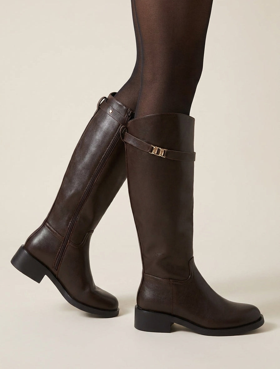 Bottes à talon bloc et zip - Marron
