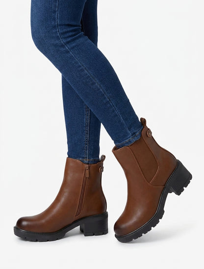Bottines fourrées à talon bloc cranté - Camel