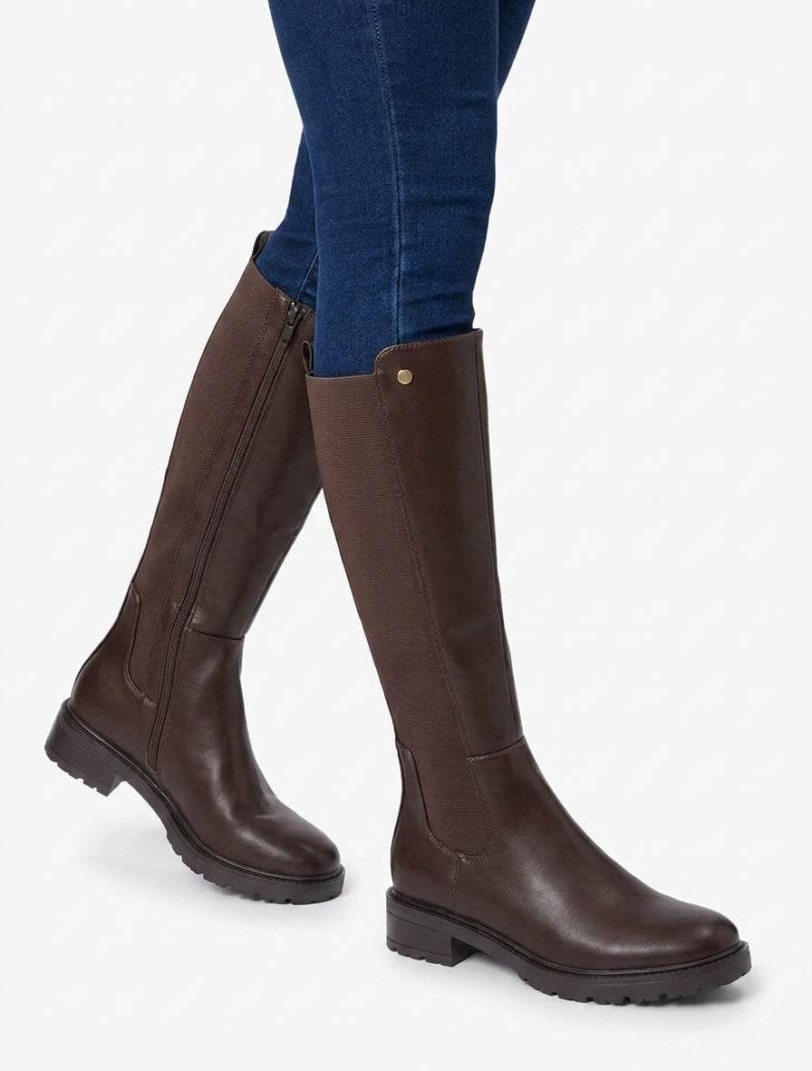 Bottes fourrées à talon bloc cranté - Marron