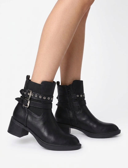 Bottines talon bloc à sangles - Noir