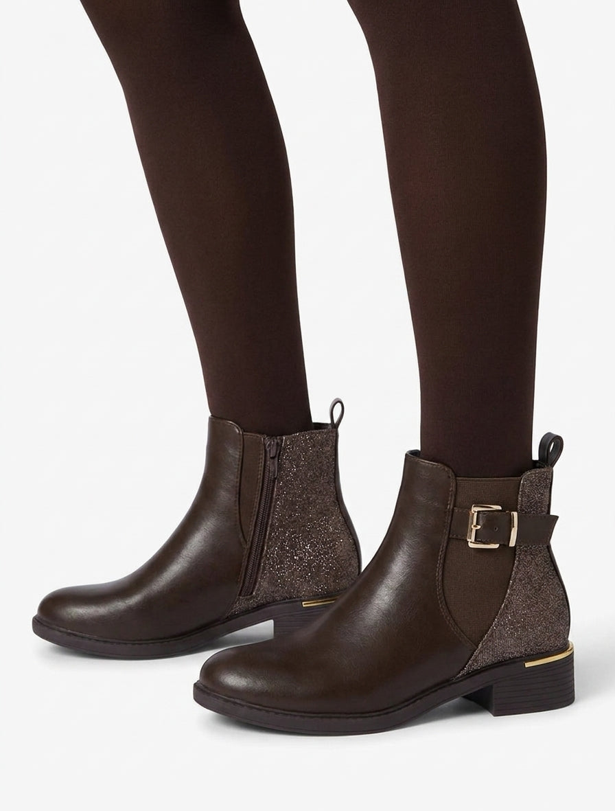 Bottines à talon bloc et sangle - Marron