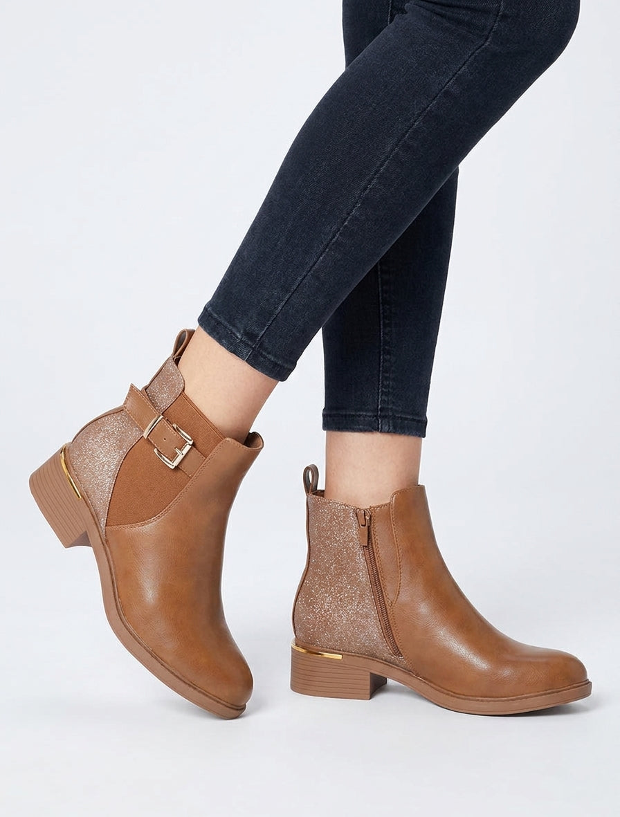 Bottines talon bloc empiècement métal - Camel