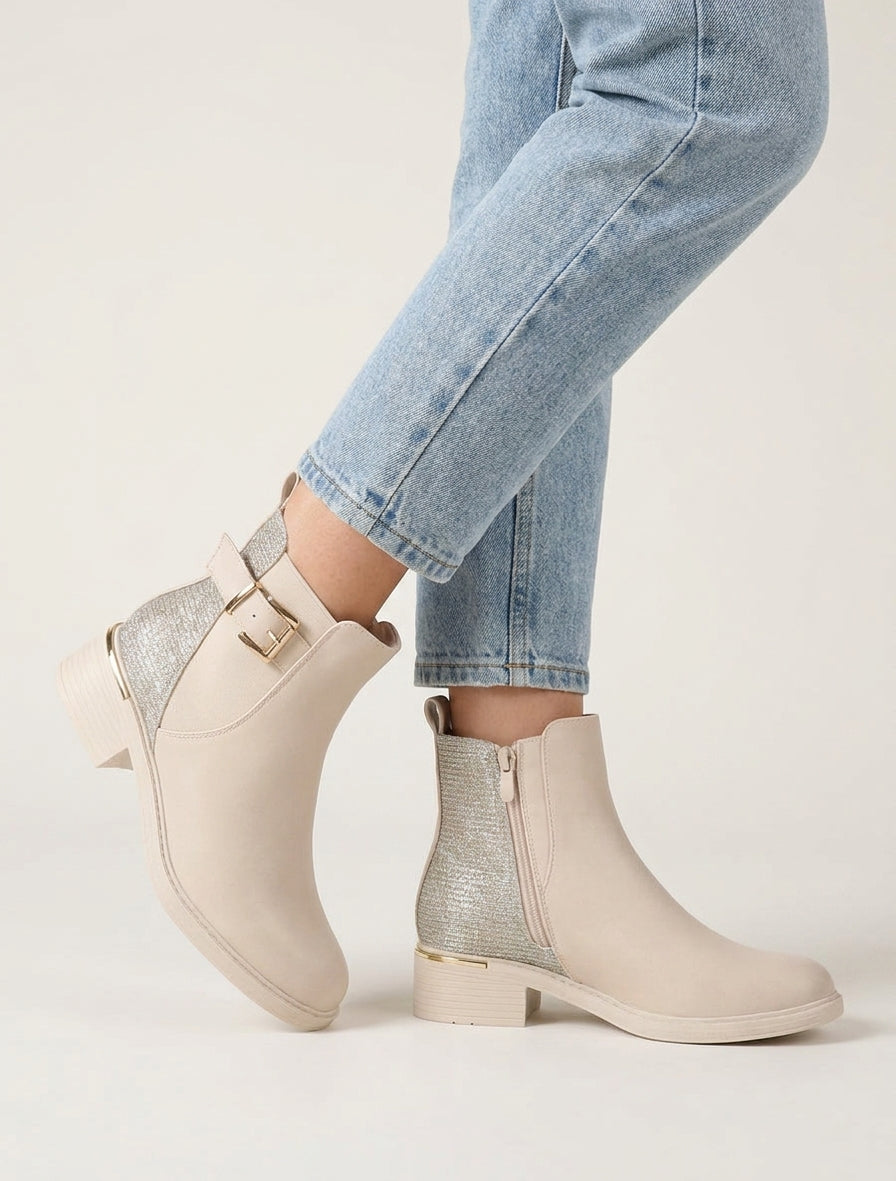 Bottines à talon bloc et zip - Beige