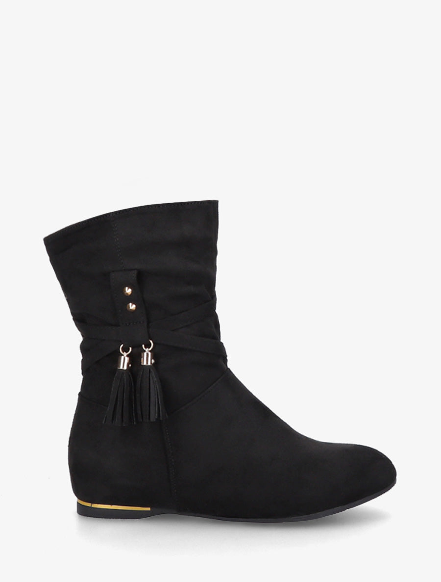 Bottines montantes en suédine à pompons - Noir - 1
