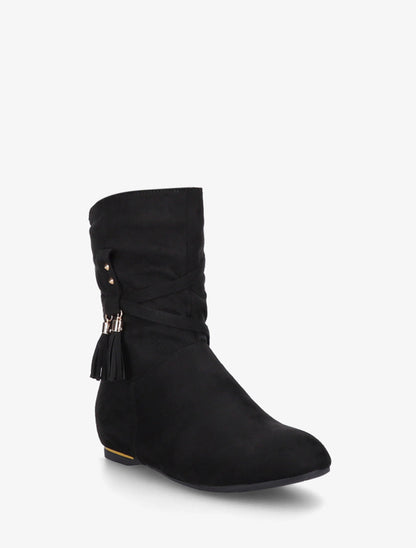 Bottines montantes en suédine à pompons - Noir - 2
