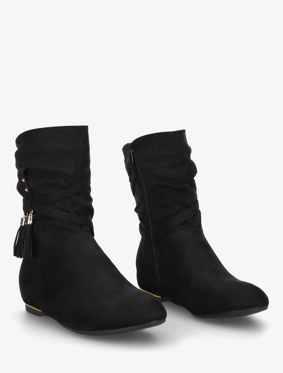 Bottines montantes en suédine à pompons - Noir - 4