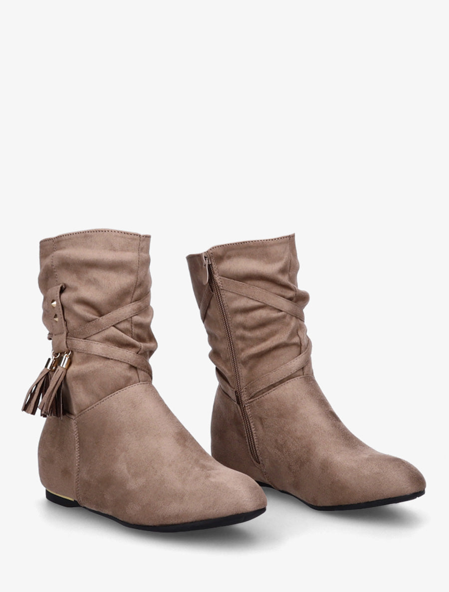 Bottines montantes en suédine à pompons - Taupe - 4