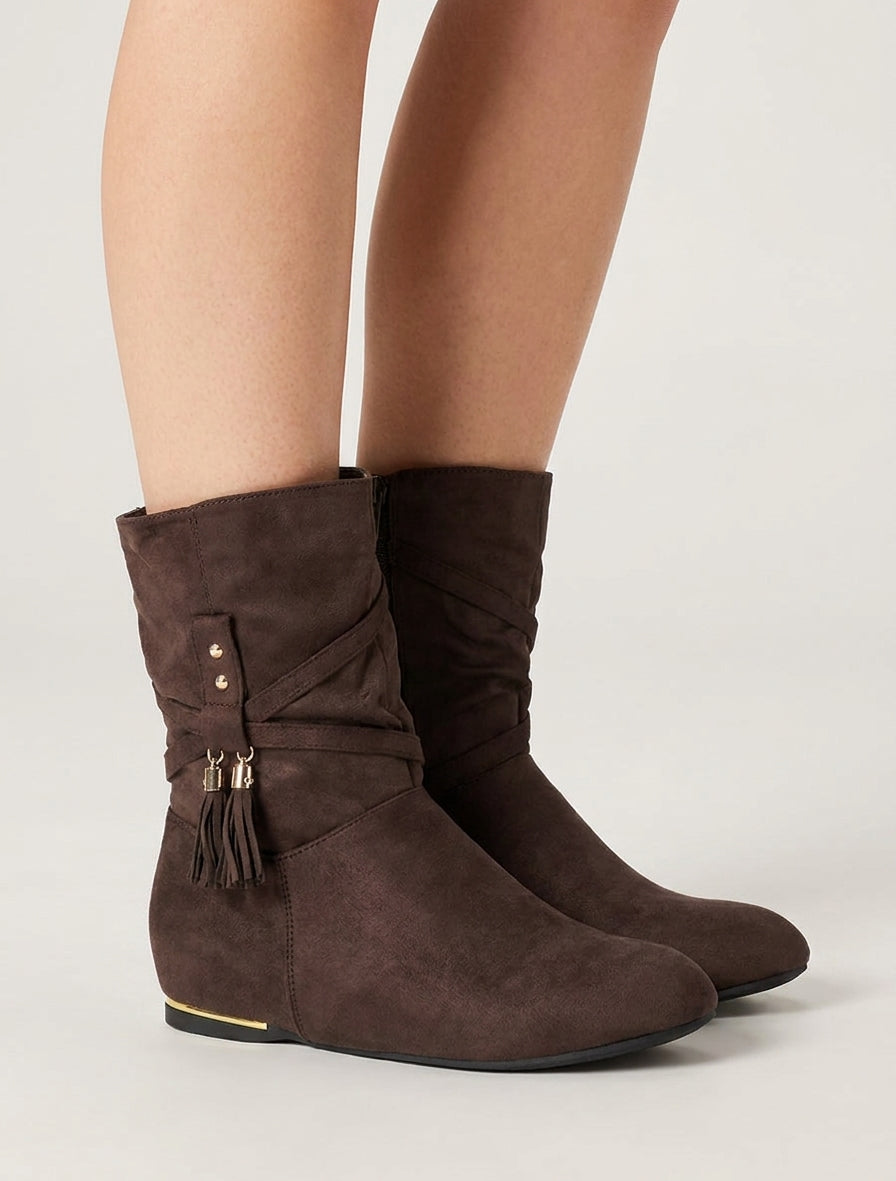 Bottines montantes à pompons et franges - Marron