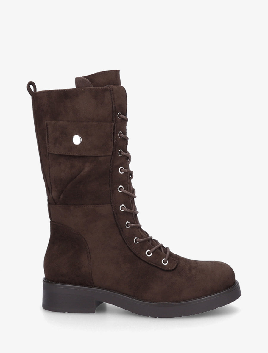 Bottines montantes à lacets et poches décoratives - Chocolat - 1