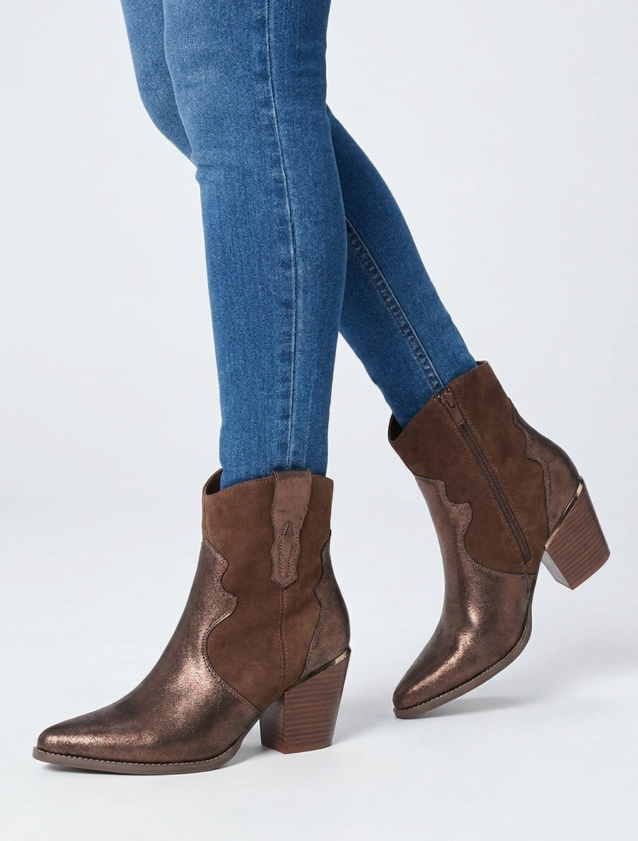Bottines santiag à empiècements nacrés - Marron