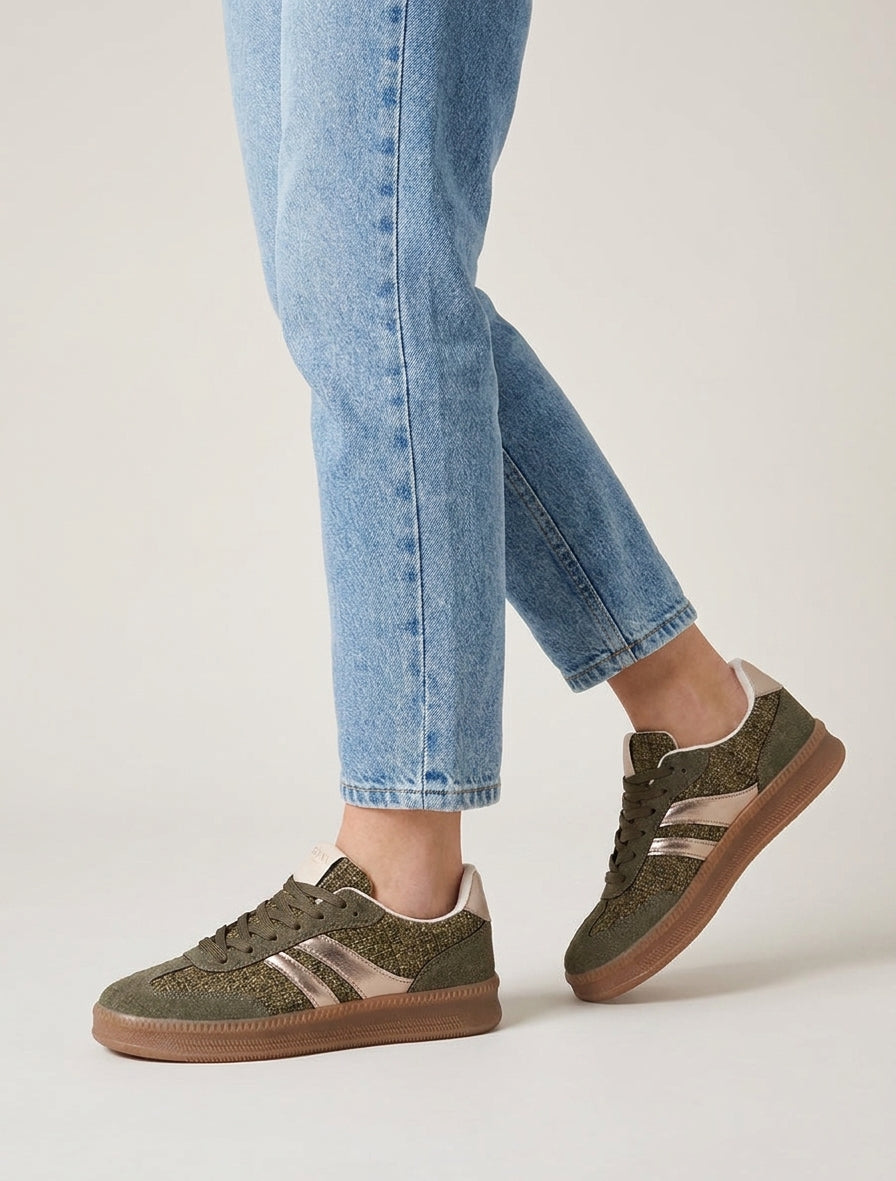 Sneakers empiècements tweed - Kaki