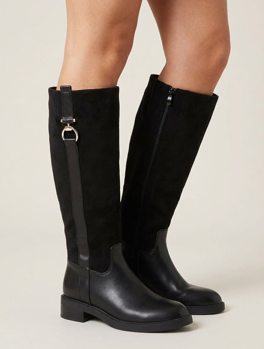 Bottes cavalière talon bloc bijou - Noir