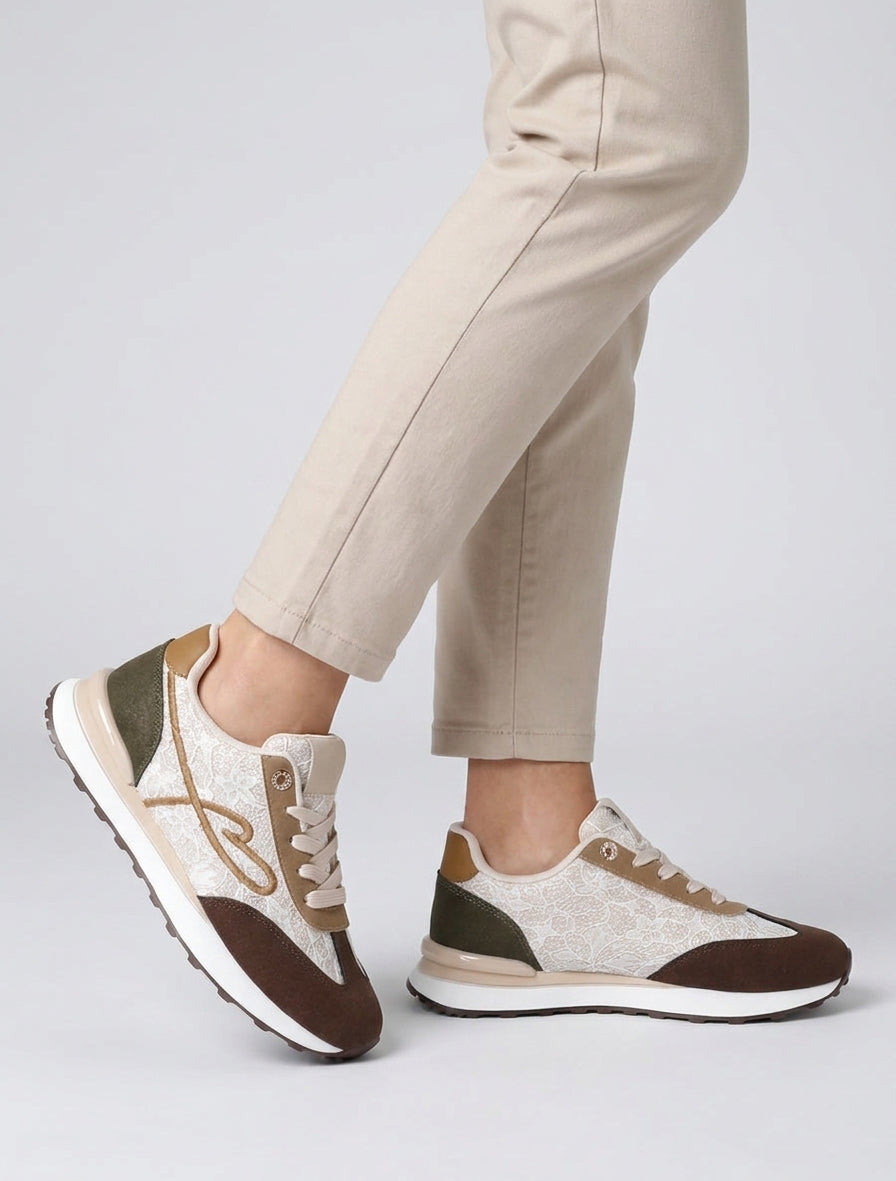 Baskets dentelle pailletée et nubuck - Beige/marron