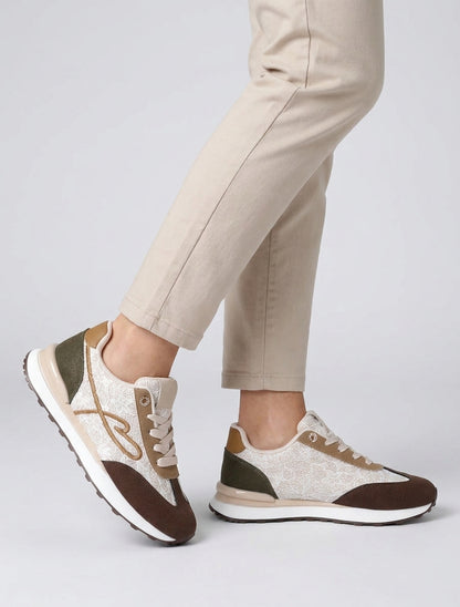 Baskets dentelle pailletée et nubuck - Beige/marron