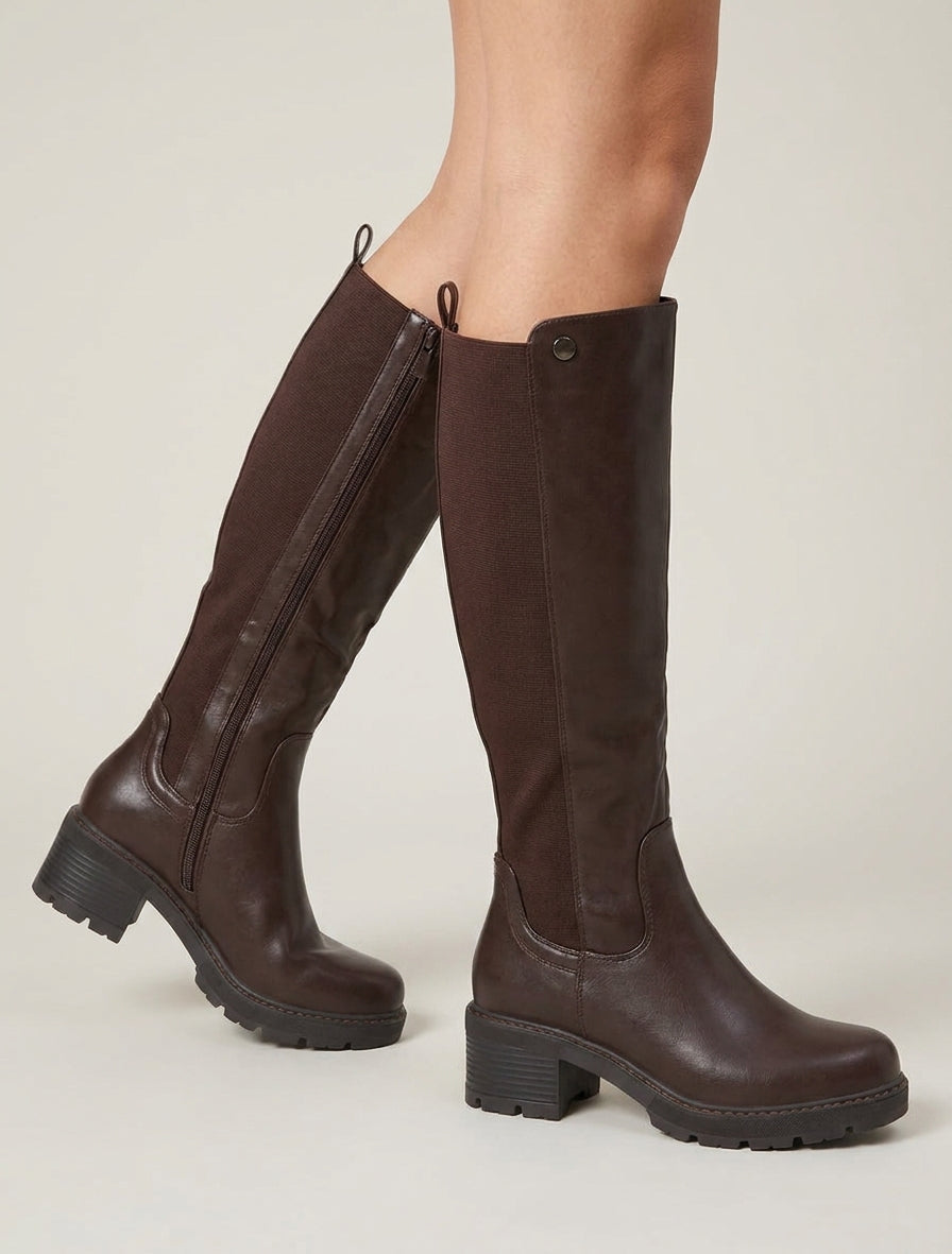 Bottes à talon bloc et tige haute - Marron