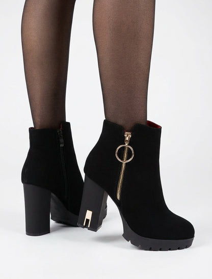 Bottines talon bloc à zip - Noir