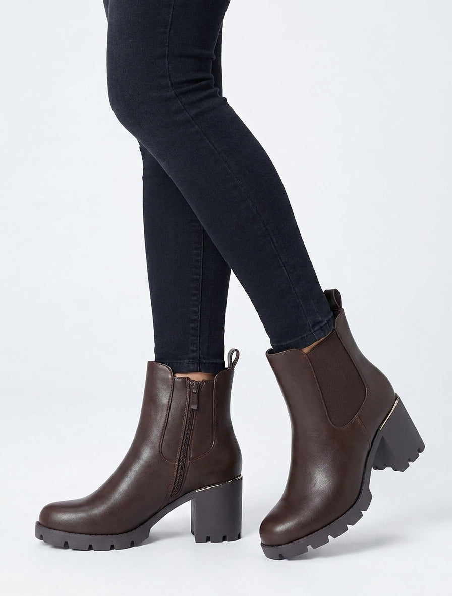 Bottines talon bloc métal - Marron