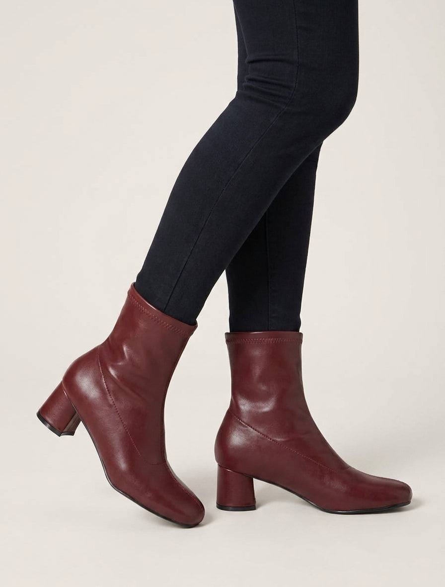 Bottines talon bloc style chaussette - Bordeaux