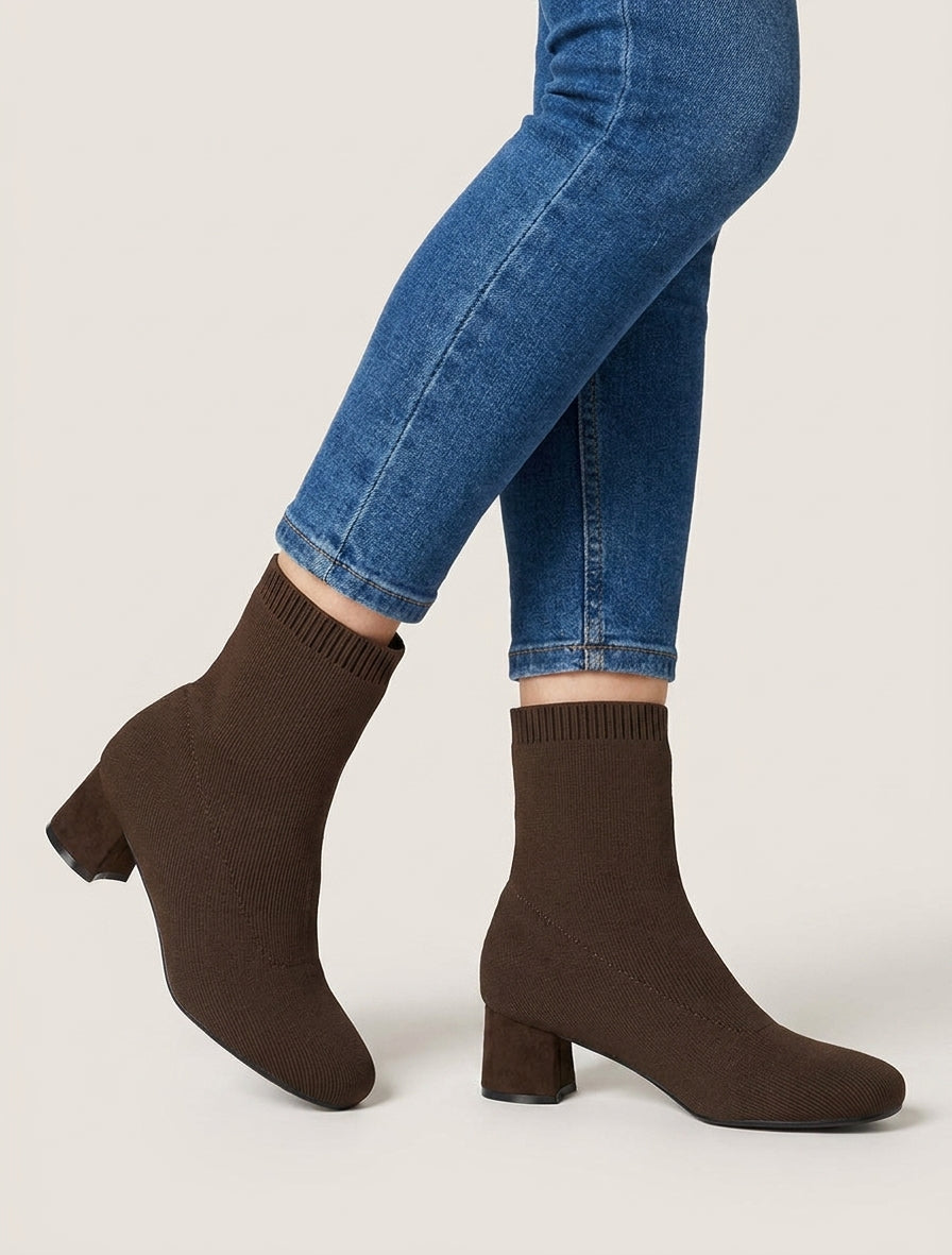 Bottines chaussettes talon bloc - Marron
