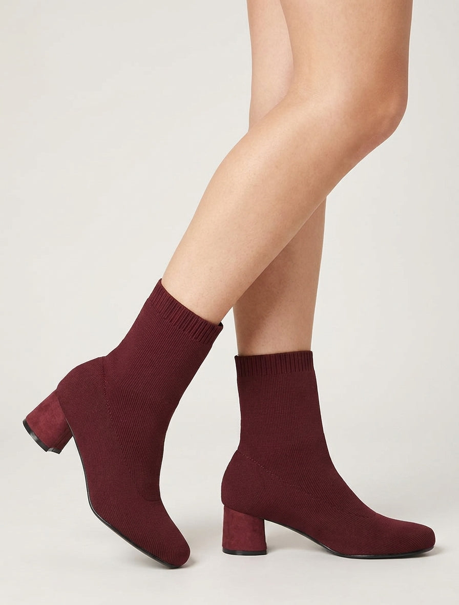 Bottines chaussettes talon bloc - Bordeaux