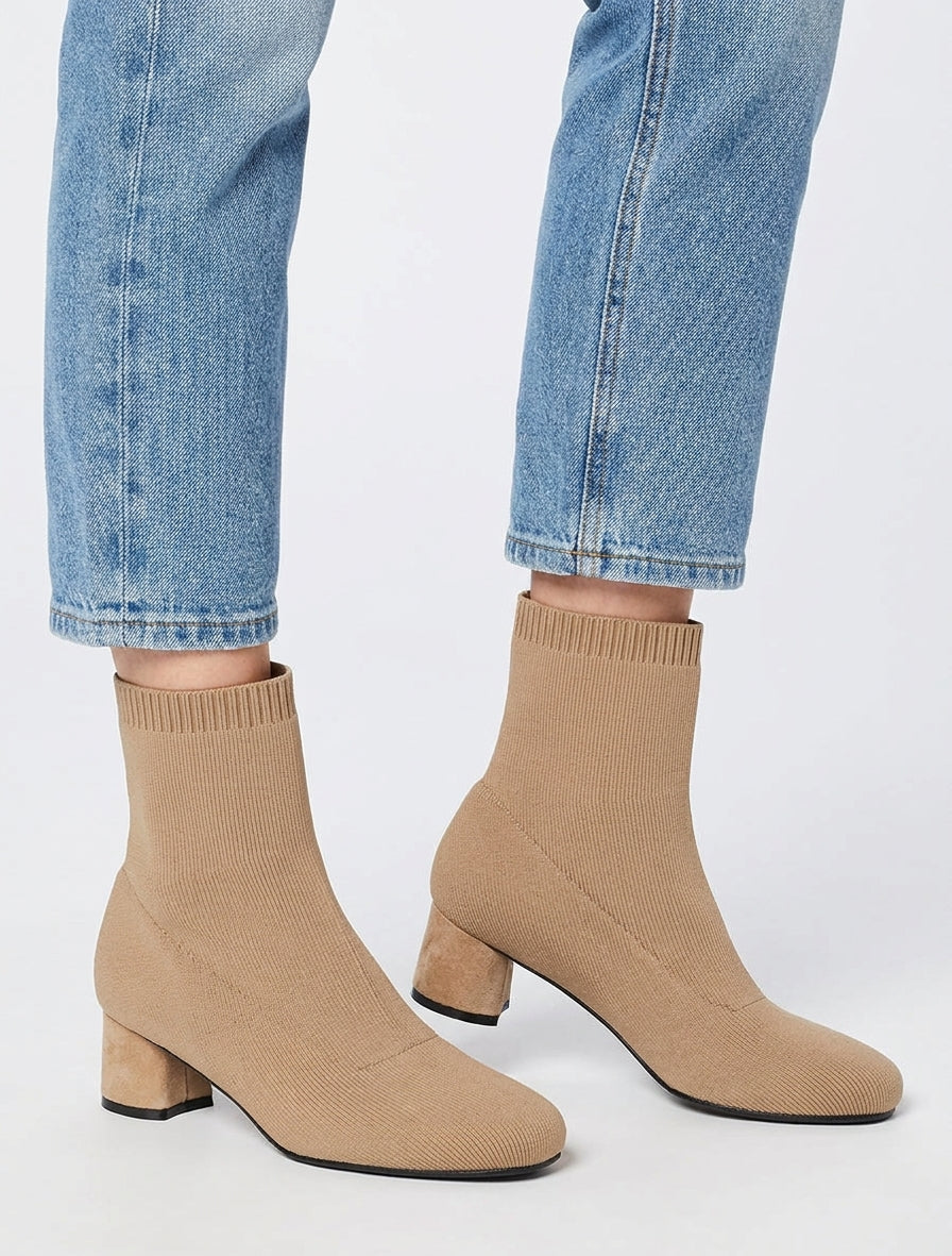 Bottines chaussettes talon bloc - Camel