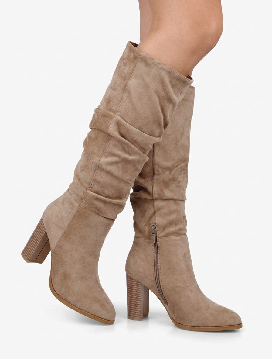 Bottes plissées talon bloc - Beige