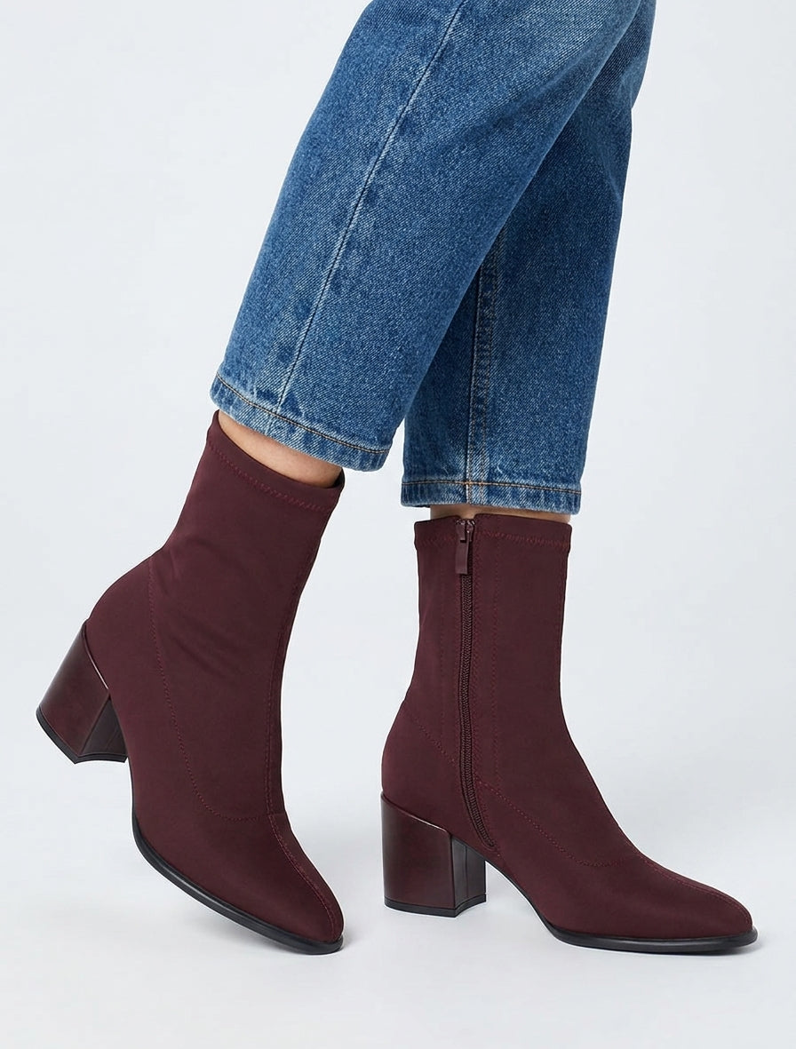 Bottines chaussette à talon bloc - Bordeaux