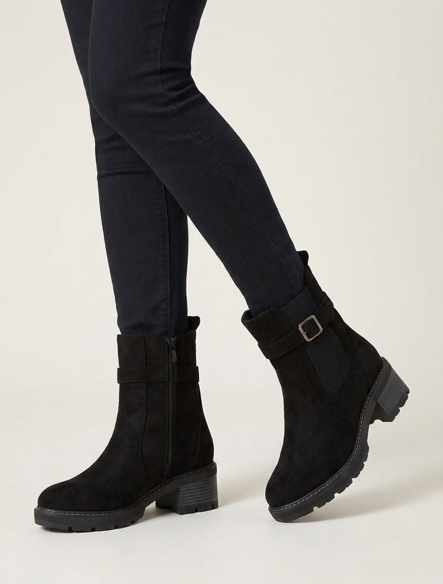 Bottines suédine talon bloc cranté - Noir