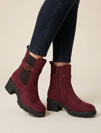 Bottines suédine talon bloc cranté - Lie de vin