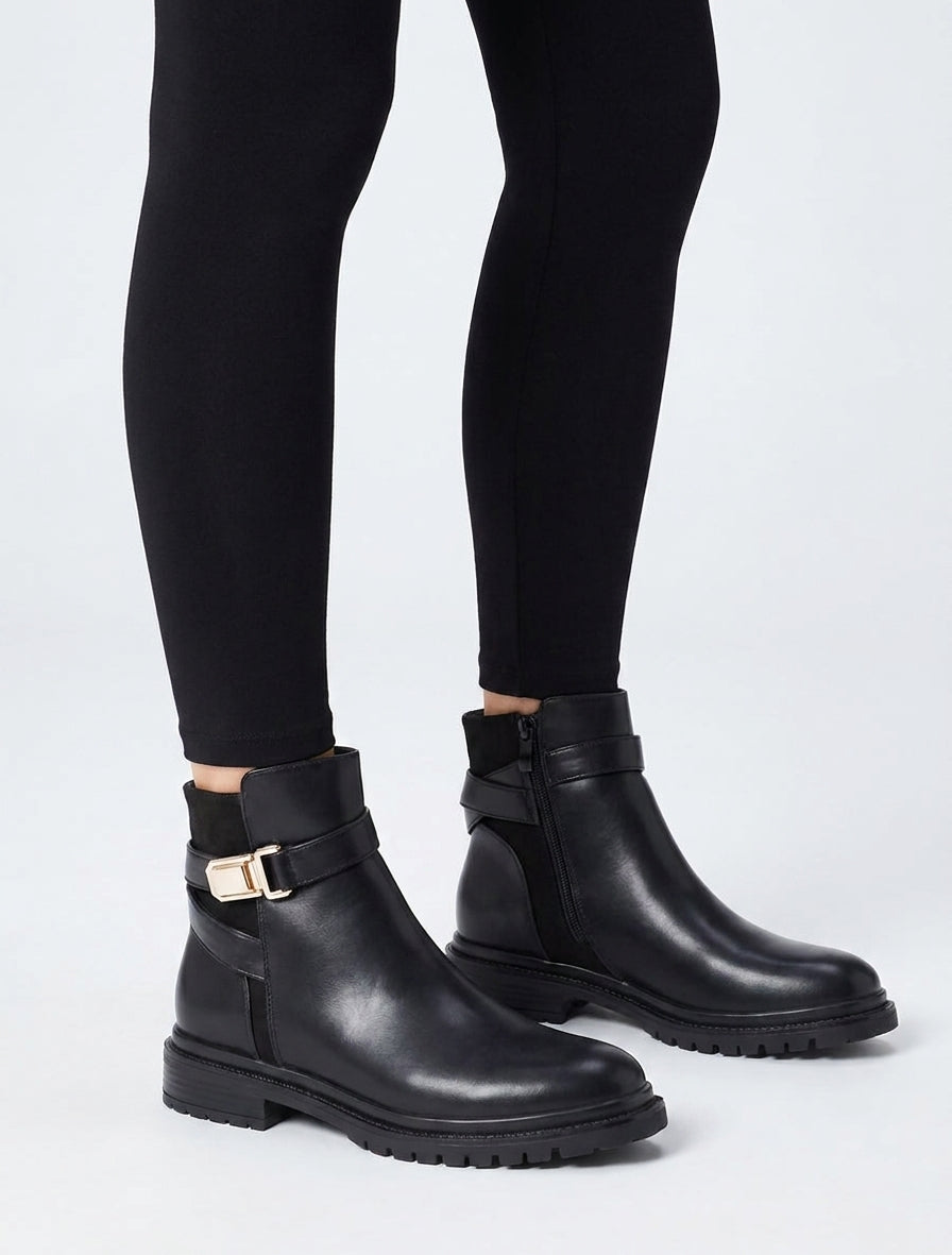 Bottines talon bloc sangle croisée - Noir