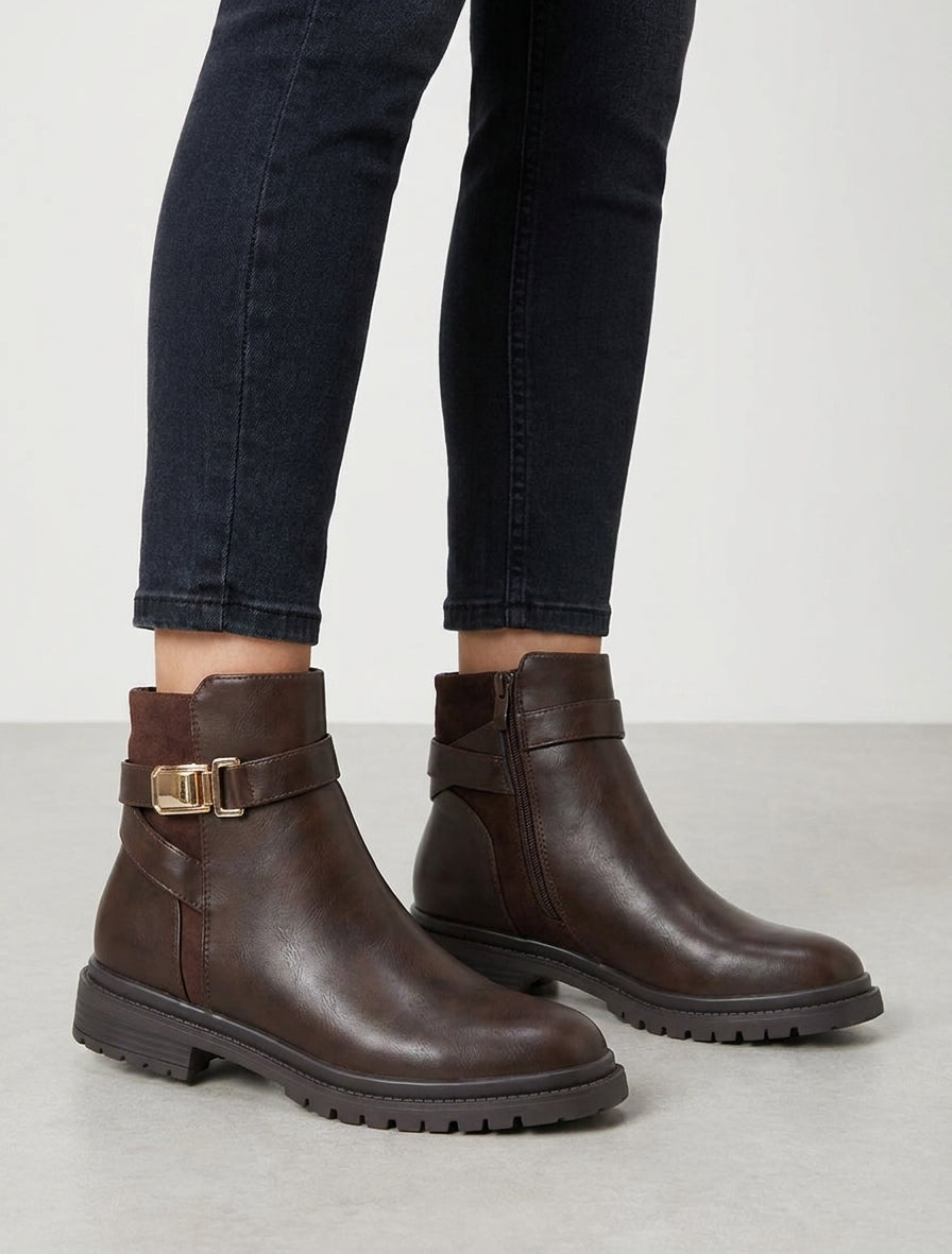 Bottines talon bloc sangle croisée - Marron