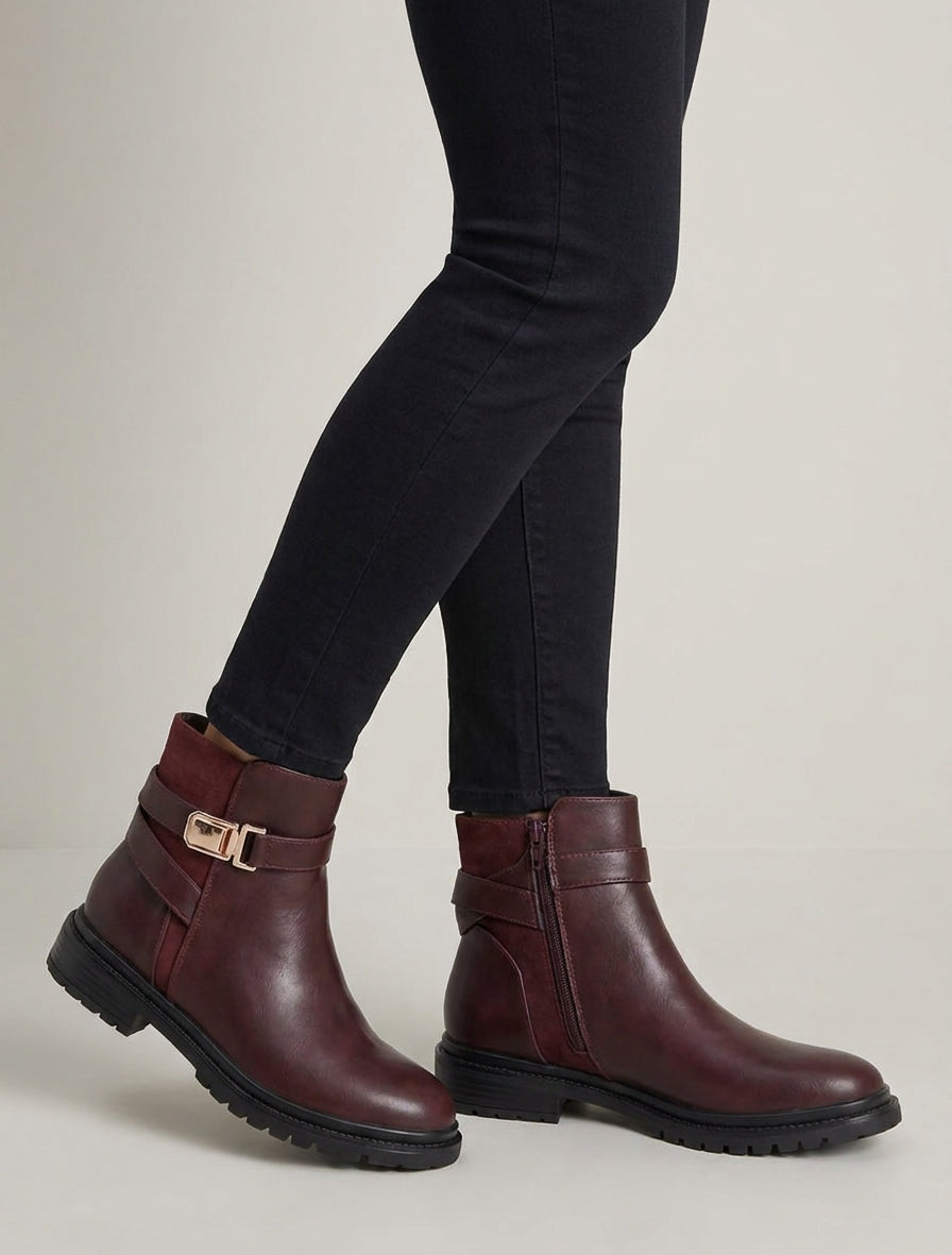 Bottines talon bloc à sangle croisée - Bordeaux