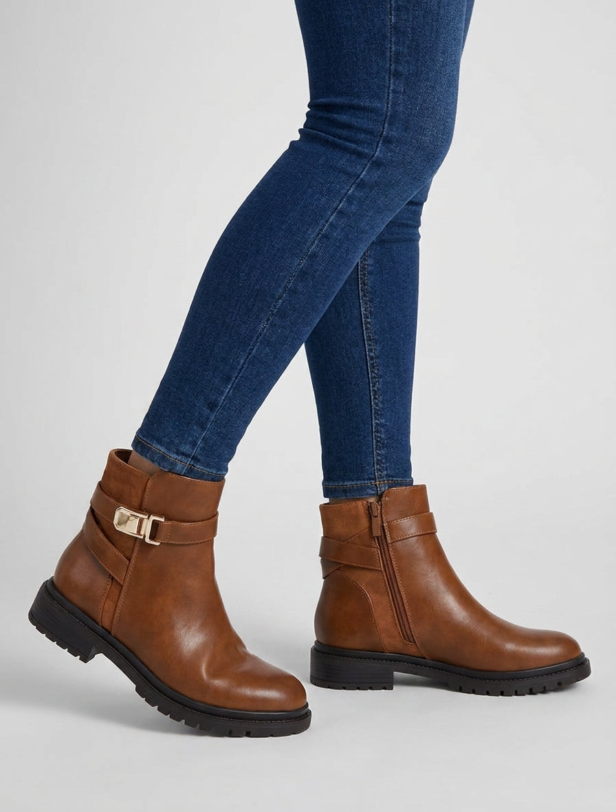 Bottines talon bloc semelle crantée - Camel