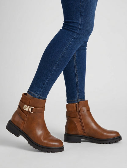 Bottines talon bloc semelle crantée - Camel