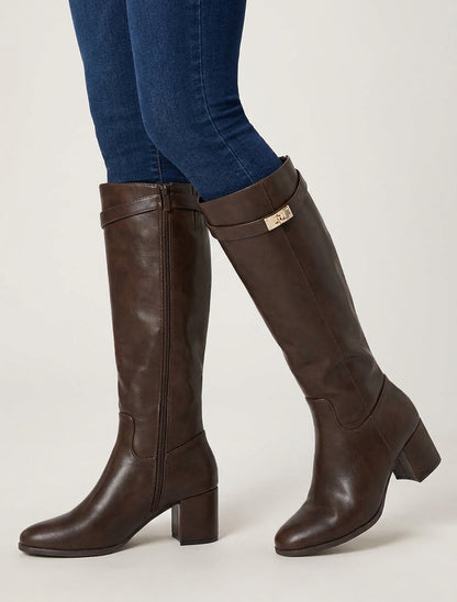 Bottes à talon bloc et sangle - Marron