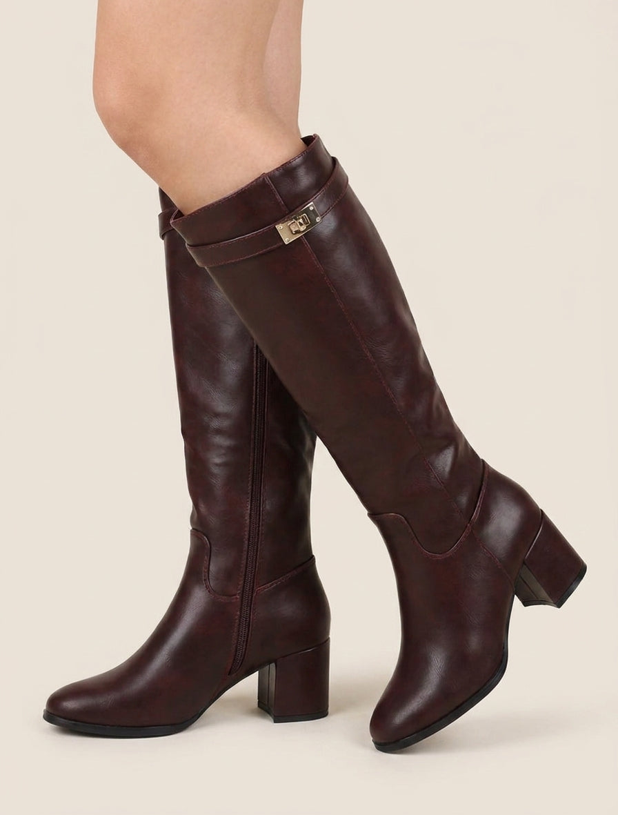 Bottes à talon bloc et sangle - Bordeaux