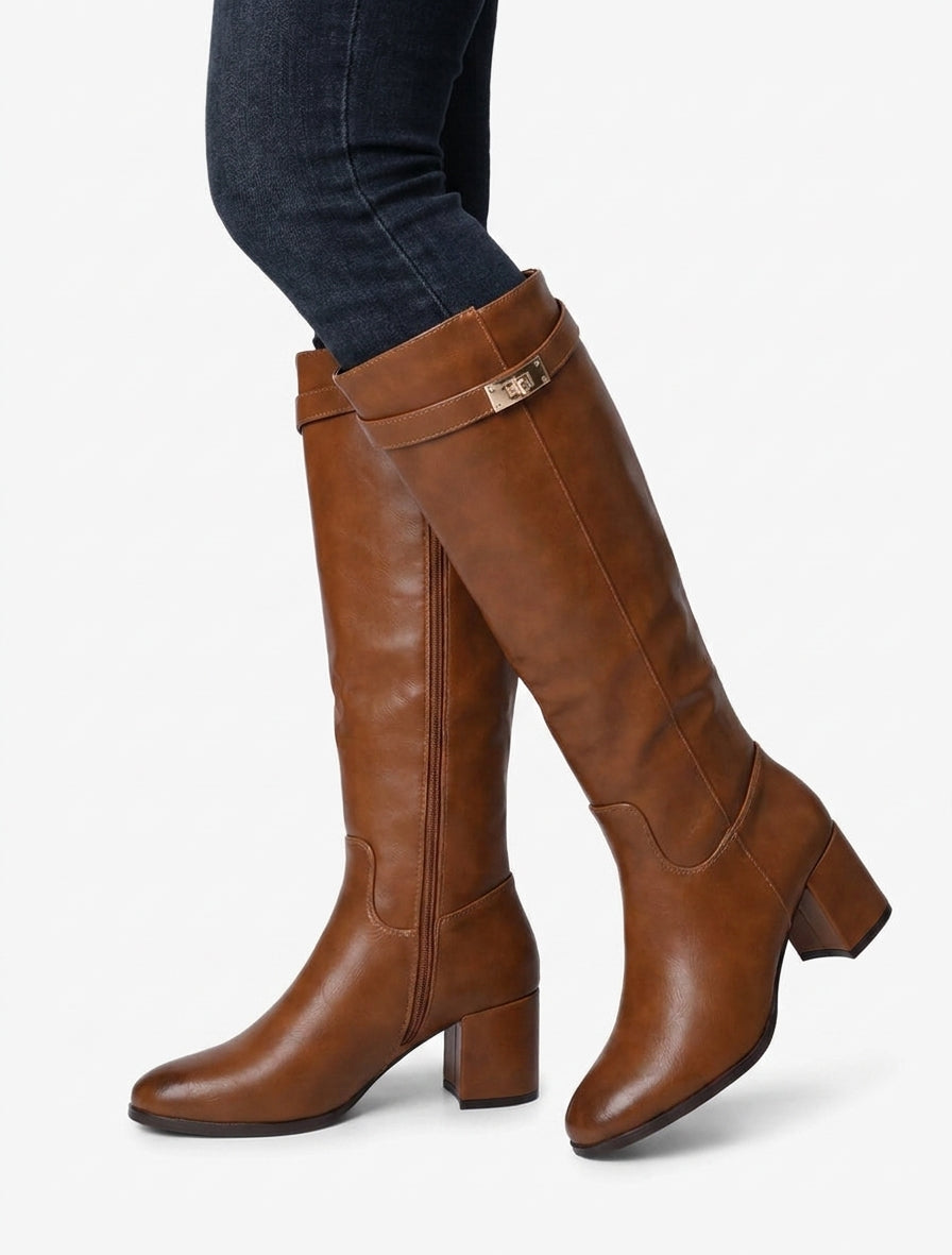 Bottes en simili talon bloc - Camel
