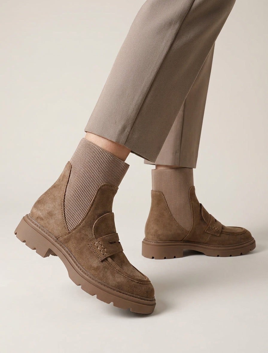 Bottines mocassin à talon bloc - Taupe
