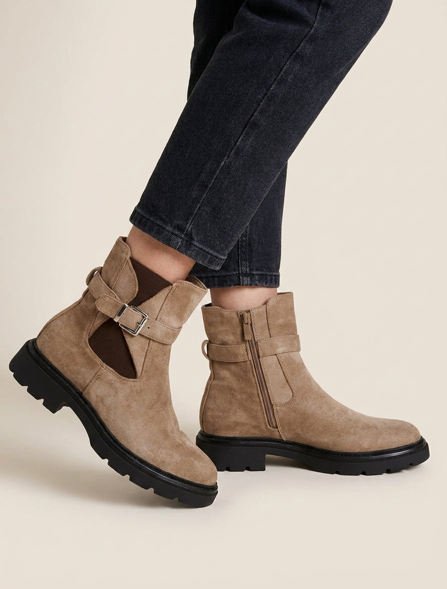 Bottines suédine talon bloc cranté - Taupe