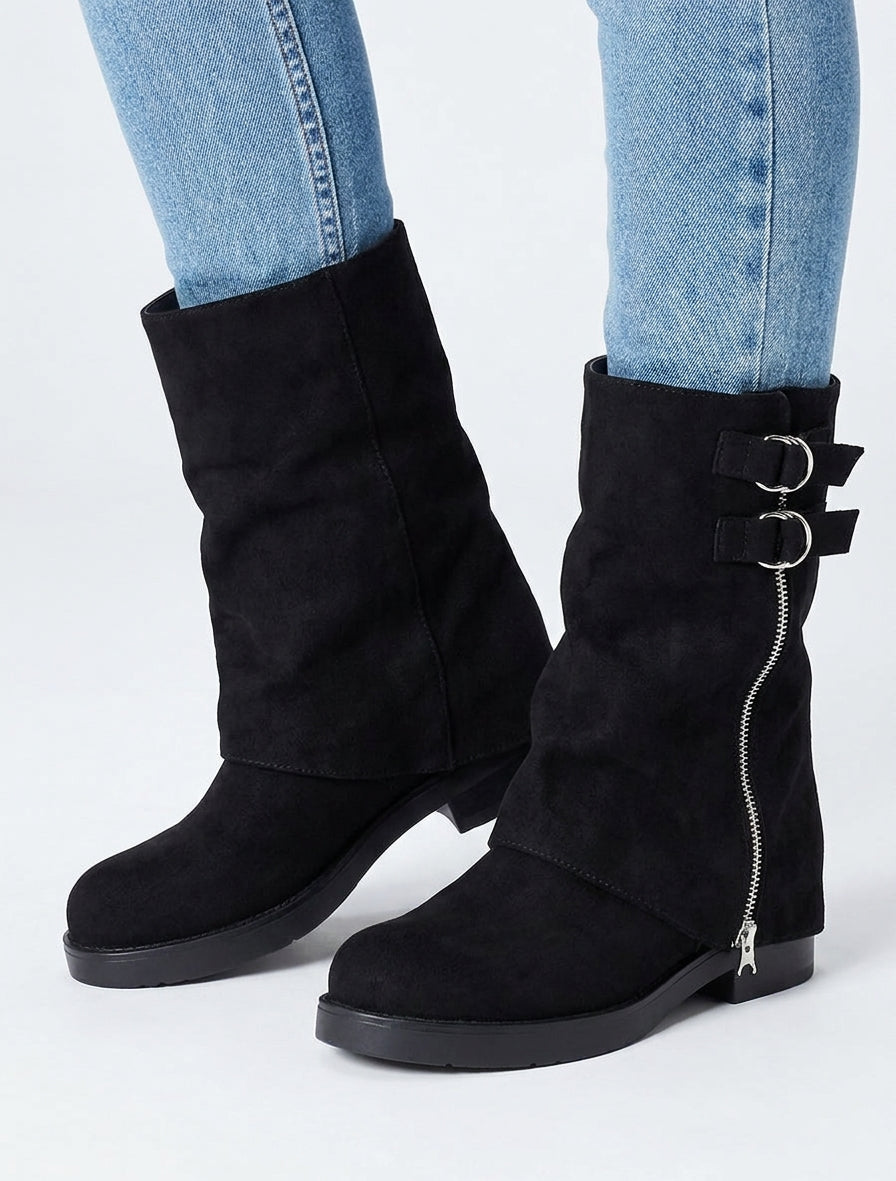 Bottines suédine talon bloc à sangles - Noir