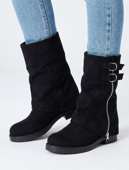 Bottines suédine talon bloc à sangles - Noir