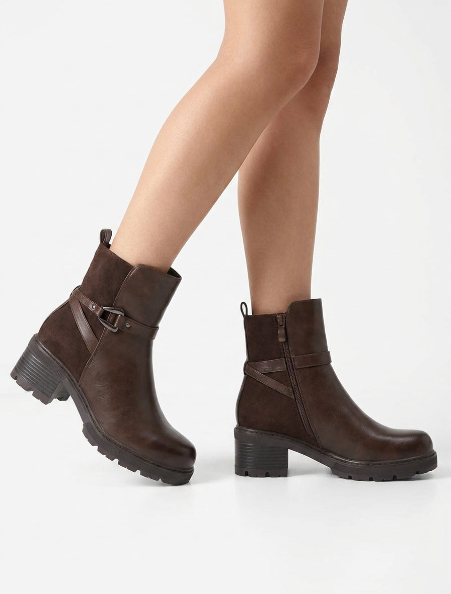 Bottines talon bloc semelle crantée - Marron